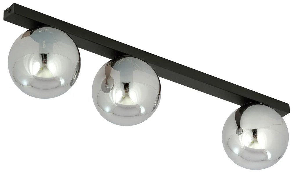 Plafoniera Moderna 3 Luci Giapeto Barra In Acciaio Nero E Sfere Di Vetro Fumè