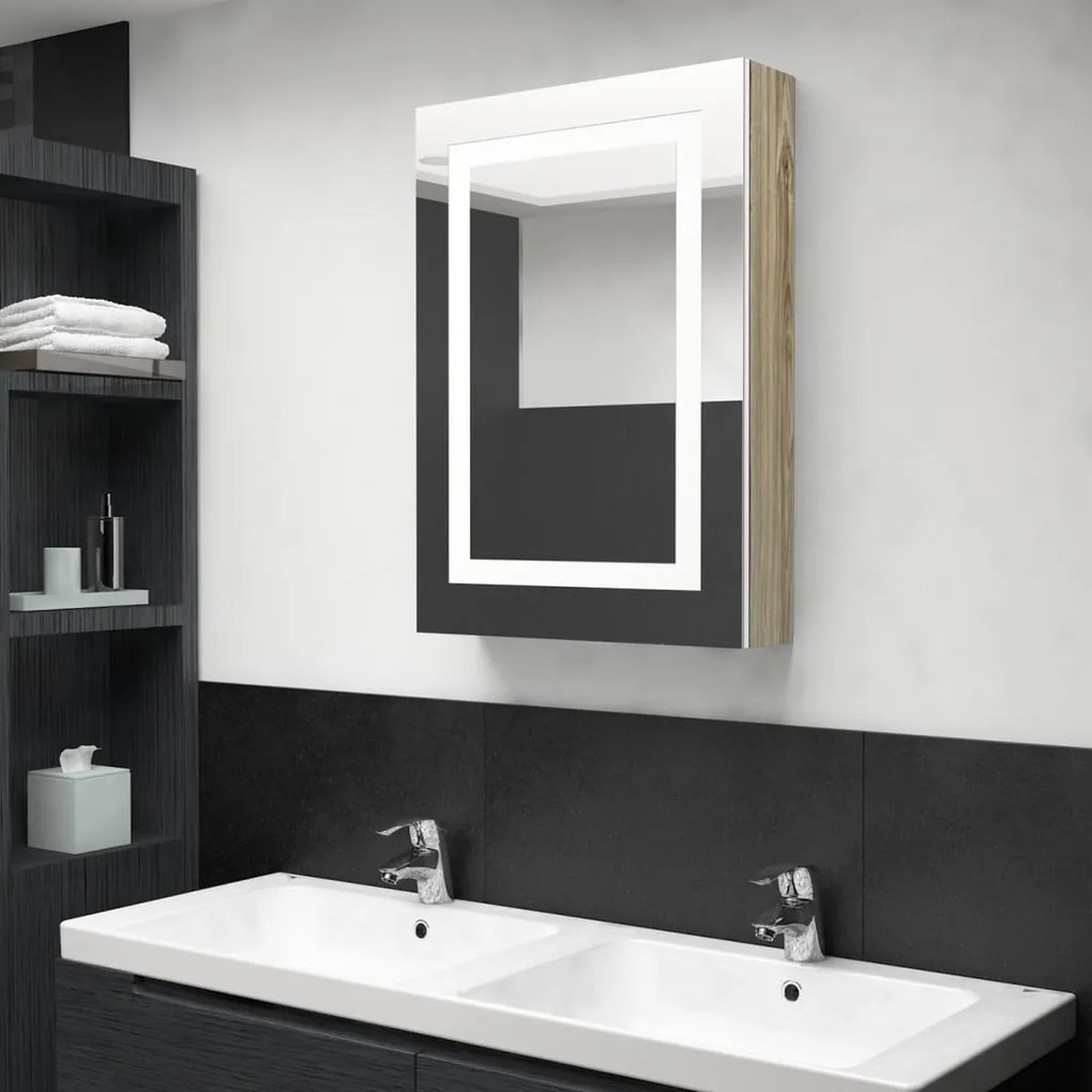 Armadietto bagno con specchio e led bianco e rovere 50x13x70 cm