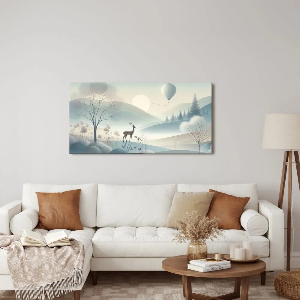 Quadro su tela – Paesaggio boschivo con cervo e montagne