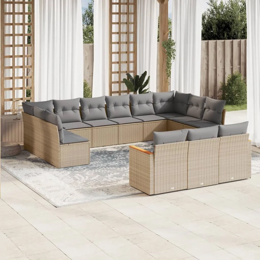 Set divano da giardino 13 pz con cuscini beige in polyrattan