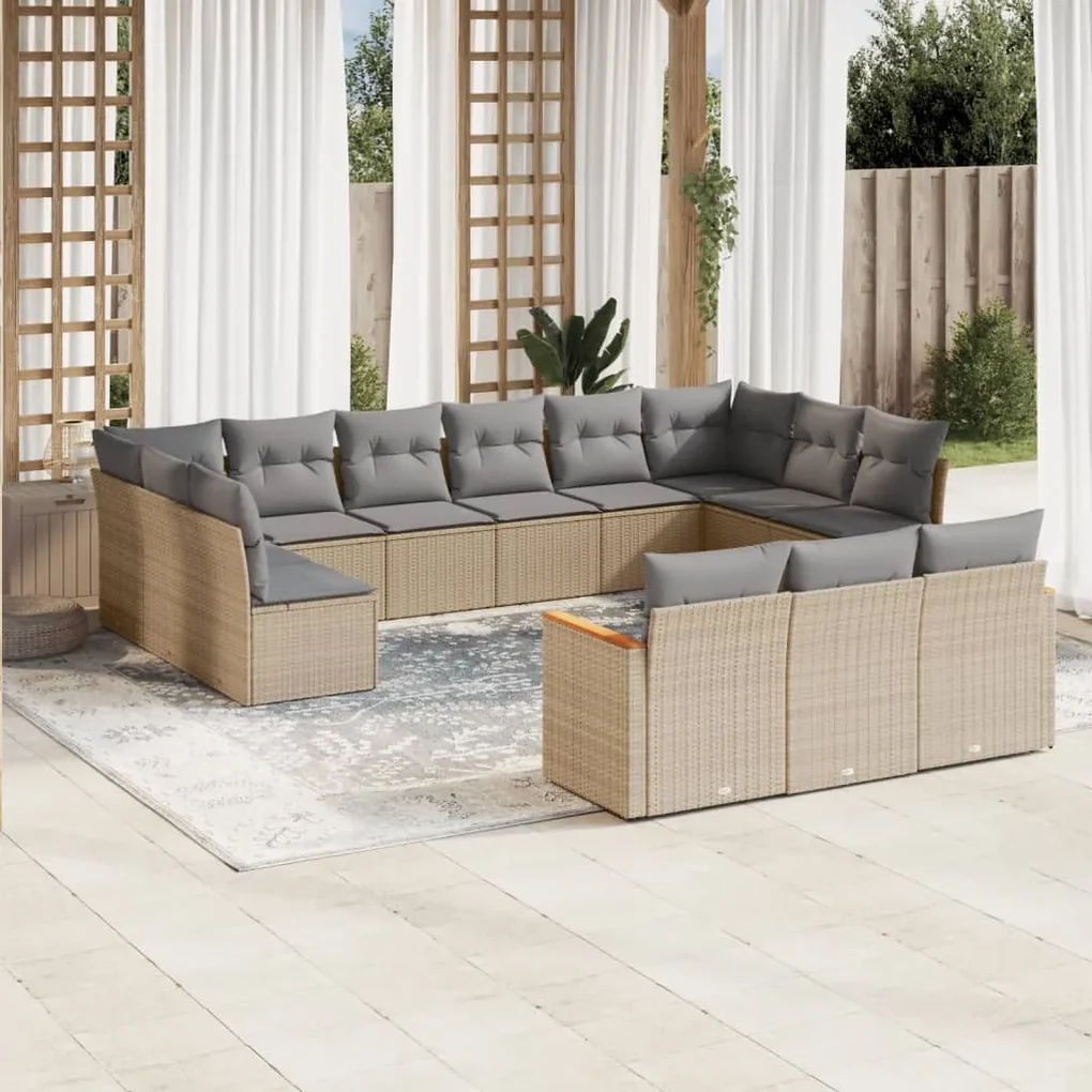 Set divano da giardino 13 pz con cuscini beige in polyrattan