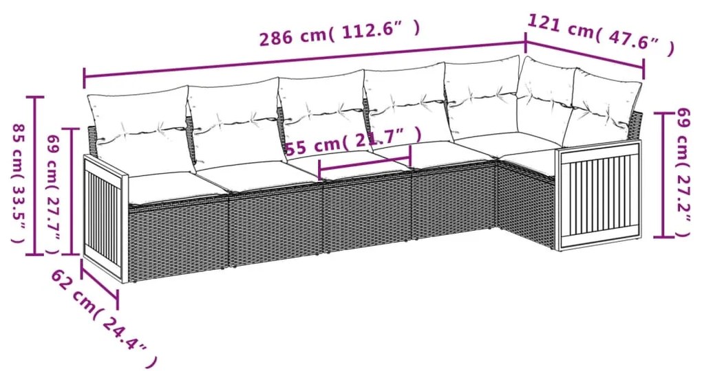 Set Divano da Giardino 6 pz con Cuscini Grigio in Polyrattan