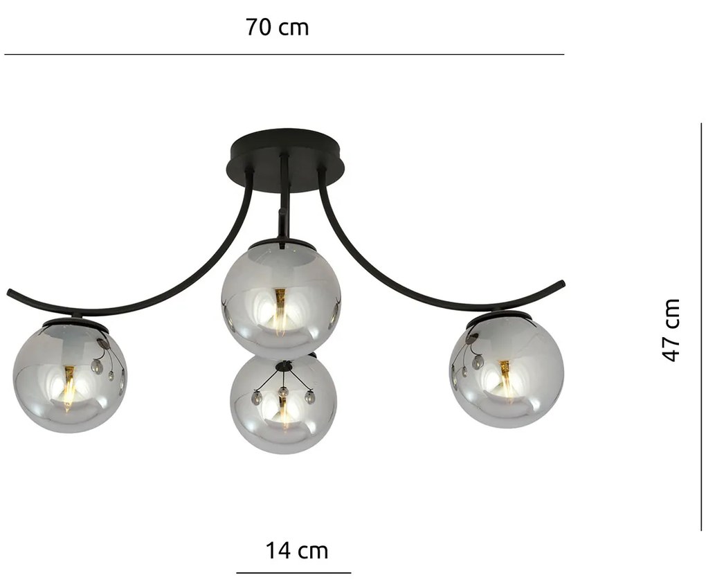 Plafoniera Moderna 4 Luci Coeo In Acciaio Nero E Diffusori In Vetro Fumè