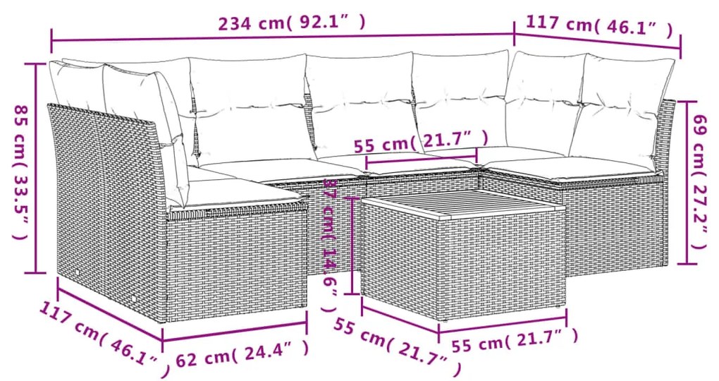 Set Divano da Giardino 7 pz con Cuscini Beige Misto Polyrattan