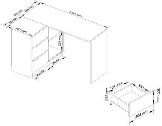 Scrivania Angolare 124 Cm 3 Cassetti Sinistra Bianco Opaco Artika