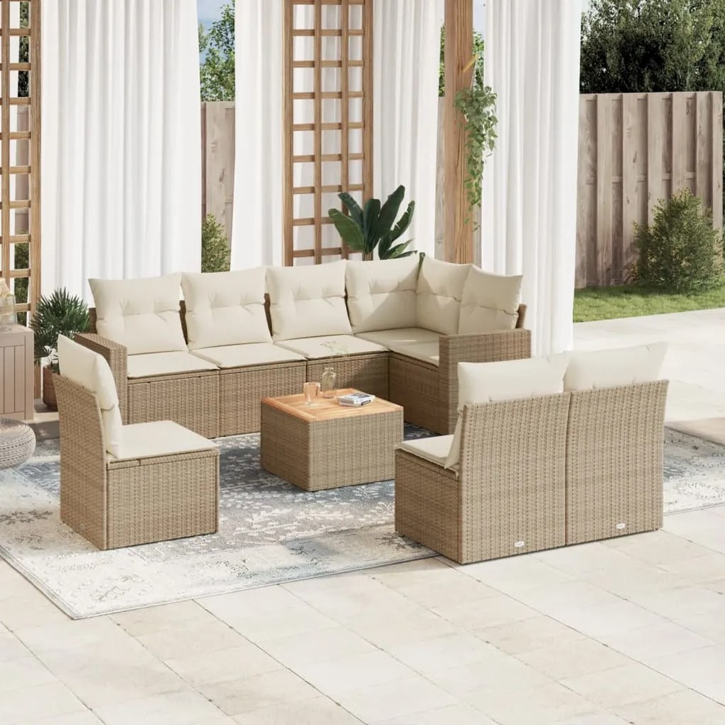 Set divano da giardino 9 pz con cuscini beige in polyrattan