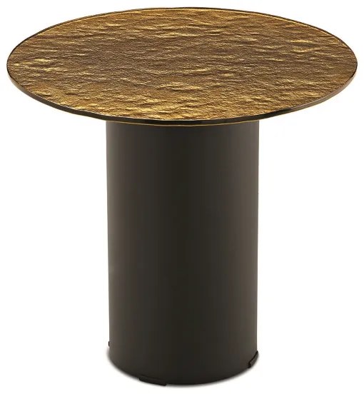 Tavolino tondo WAYLON 45 con base in metallo Nero e piano in vetro martellato Ambra