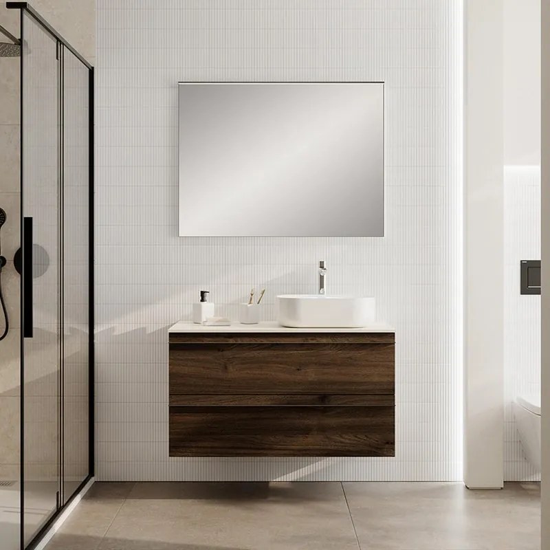 Mobile Linea L100 H55 P45 in laminato rovere cotto 2 cassetti a chiusura ammortizzata e top gres bianco Creta
