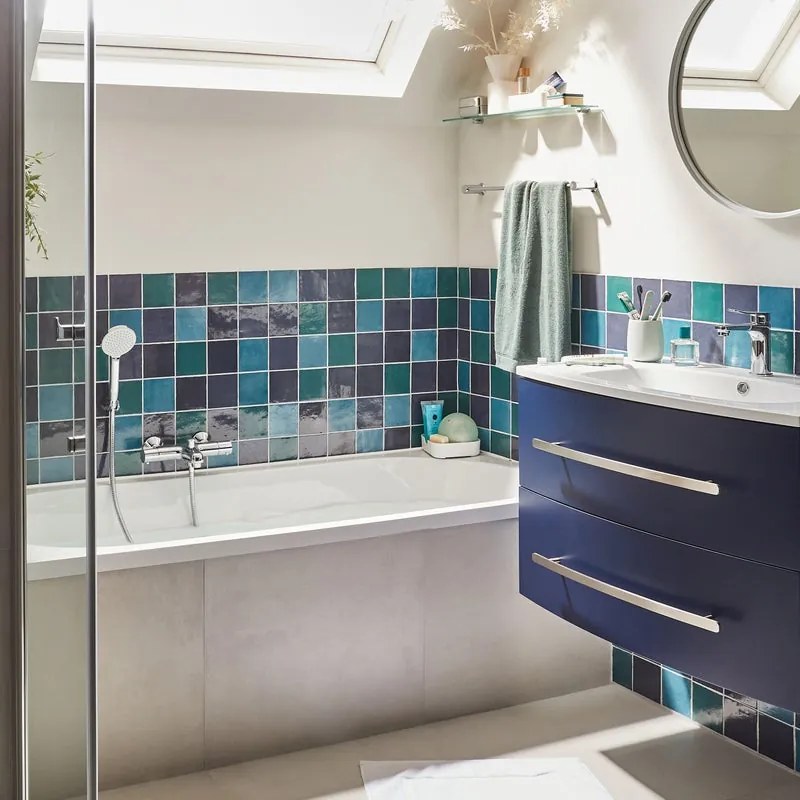 Mobile da bagno sospeso sotto lavabo L 81.2 x H 53.7 x P 47.5 cm blu laccato opaco, 2 cassetti SENSEA Perla