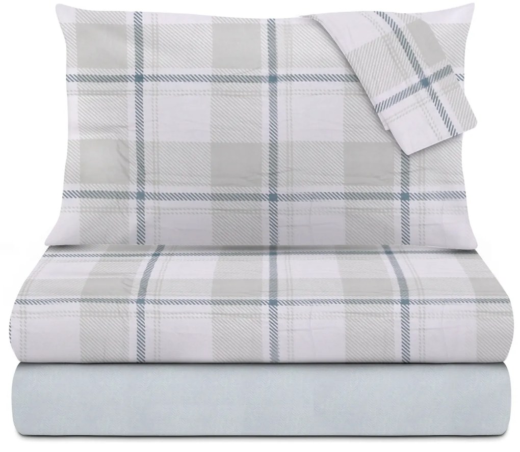 Completo letto matrimoniale scozzese azzurro in flanella