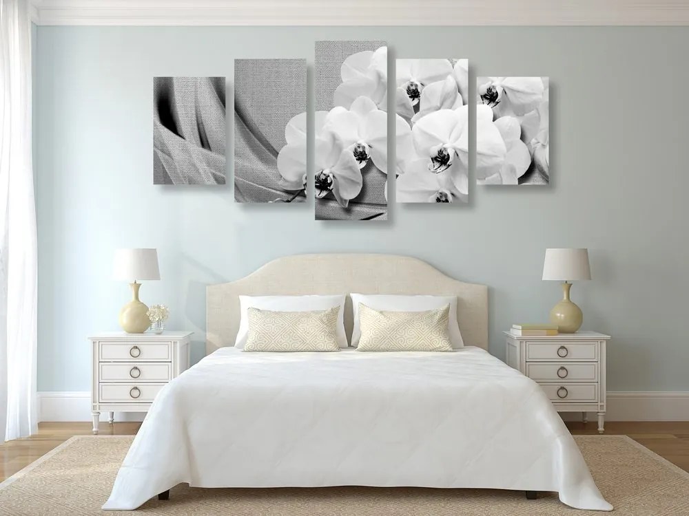 Quadri 5 pezzi – Orchidea su tela in bianco e nero