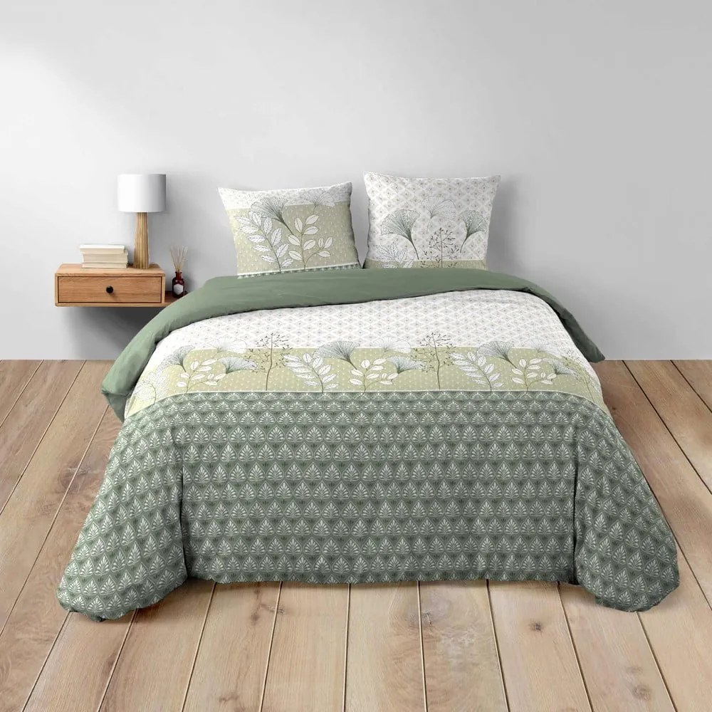 Set copripiumino e federa bianco/verde in cotone per letto matrimoniale ed esteso 240x220 cm Poetine – douceur d'intérieur