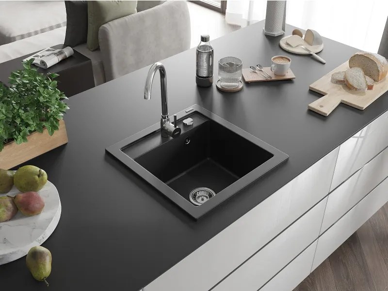 Mexen Vito lavello in granito a 1 vasca 520 x 490 mm, nero, sifone cromato - 6503521000-77