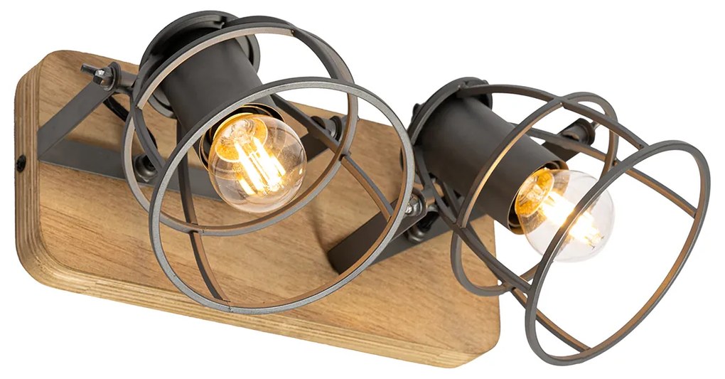 Faretto industriale grigio scuro con legno regolabile 2 luci - Arthur