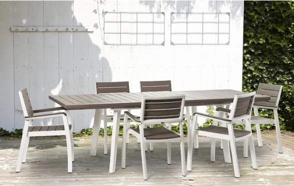 Set 4 Poltrone Da Esterno In Resina Effetto Legno Con Braccioli Bianca E Tortora