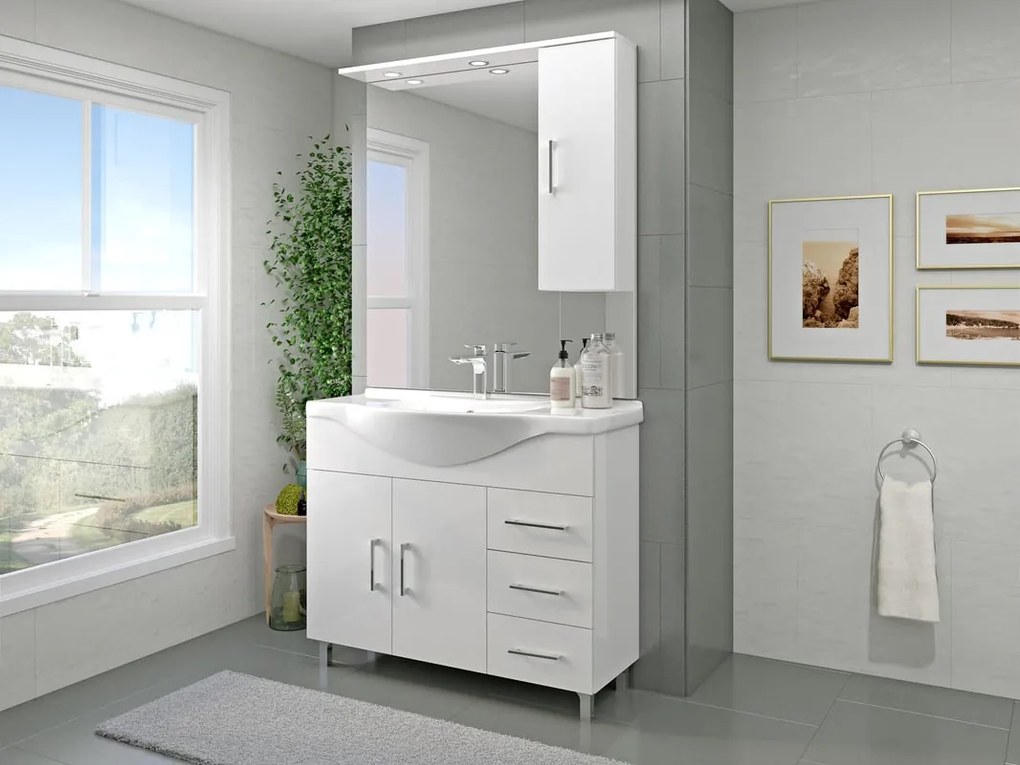 Mobile bagno con lavabo e illuminazione L 101.8 x H 81.5 x P 50.5 cm bianco lucido in mdf, 2 ante 3 cassetti per vasca centrale Simona