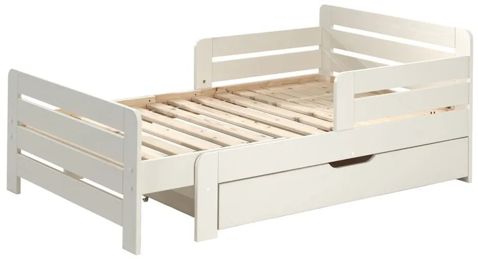 Letto da bambini regolabile bianco in pino massiccio con contenitore, materasso e rete inclusi Jumper - Vipack