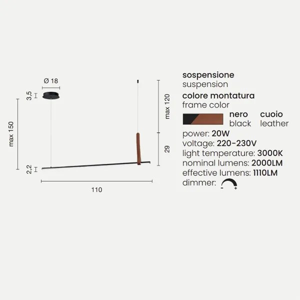 Lampada a sospensione Led REGOLI in metallo con elemento in ecopelle 110 cm