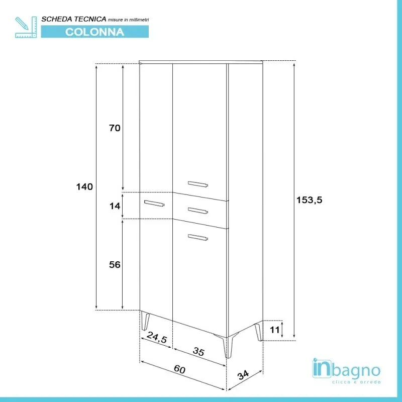 Colonna bagno dappoggio 60x150 cm bianco con ante e cassetto Desya