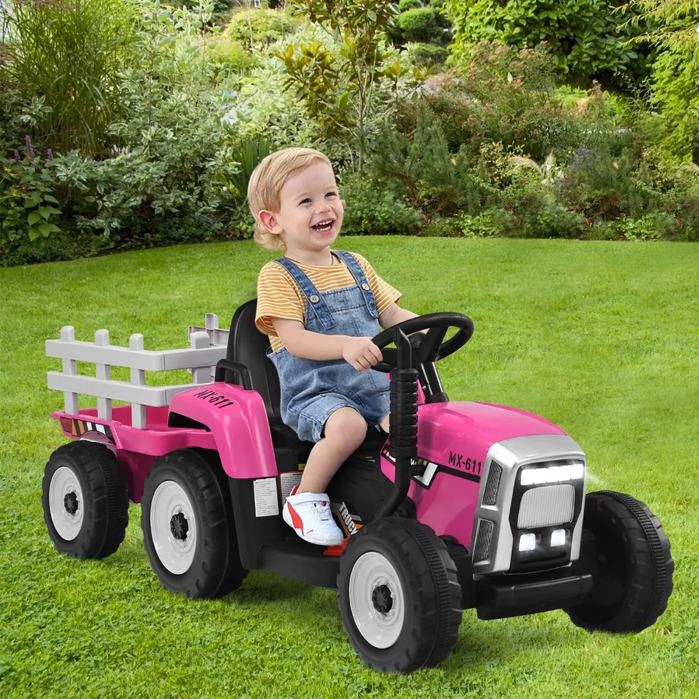 Costway Trattore con rimorchio 12 V per bambini, Giocattolo elettrico con 3 marce luci LED musica clacson, Rosa