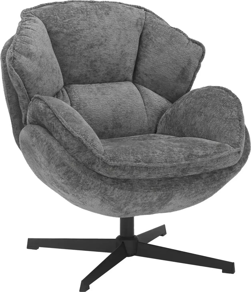 Poltrona Betty in tessuto grigio con struttura in metallo nero e seduta girevole – 73x87x83 cm