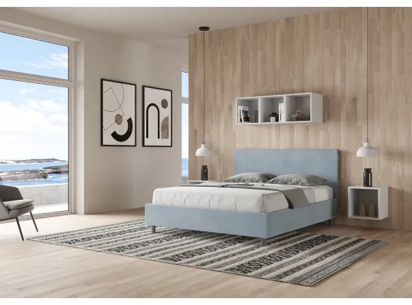 Letto contenitore da 160x200 in microfibra azzurro Adele