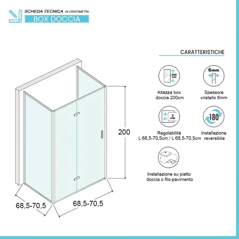 Box doccia 70x70x70 cm porta a soffietto trasparente H 200 cm Ted