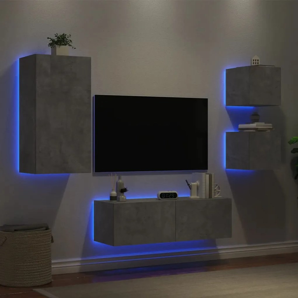 Mobili Tv A Muro 4pz Con Luci Led Grigio Cemento /