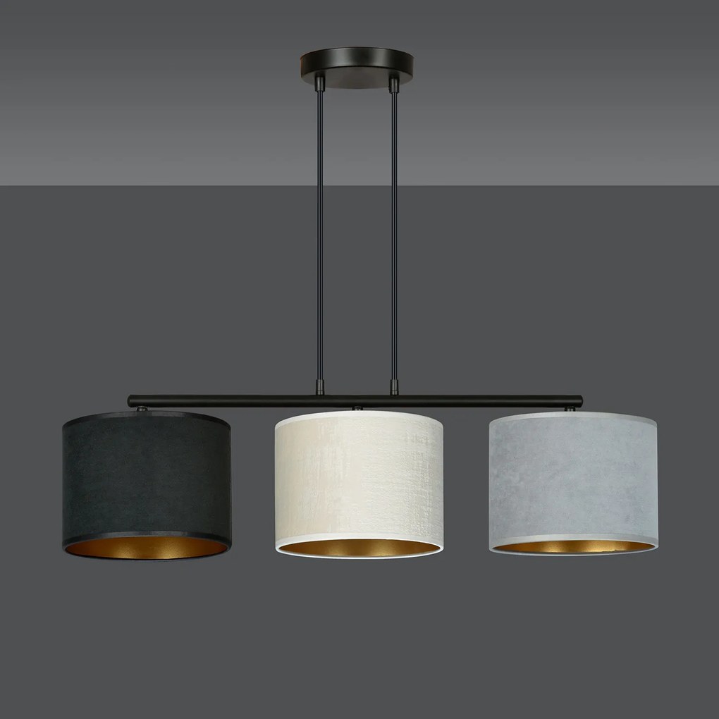 Lampadario 3 Luci Ganesha In Acciaio Nero E Paralumi In Tessuto Multicolore