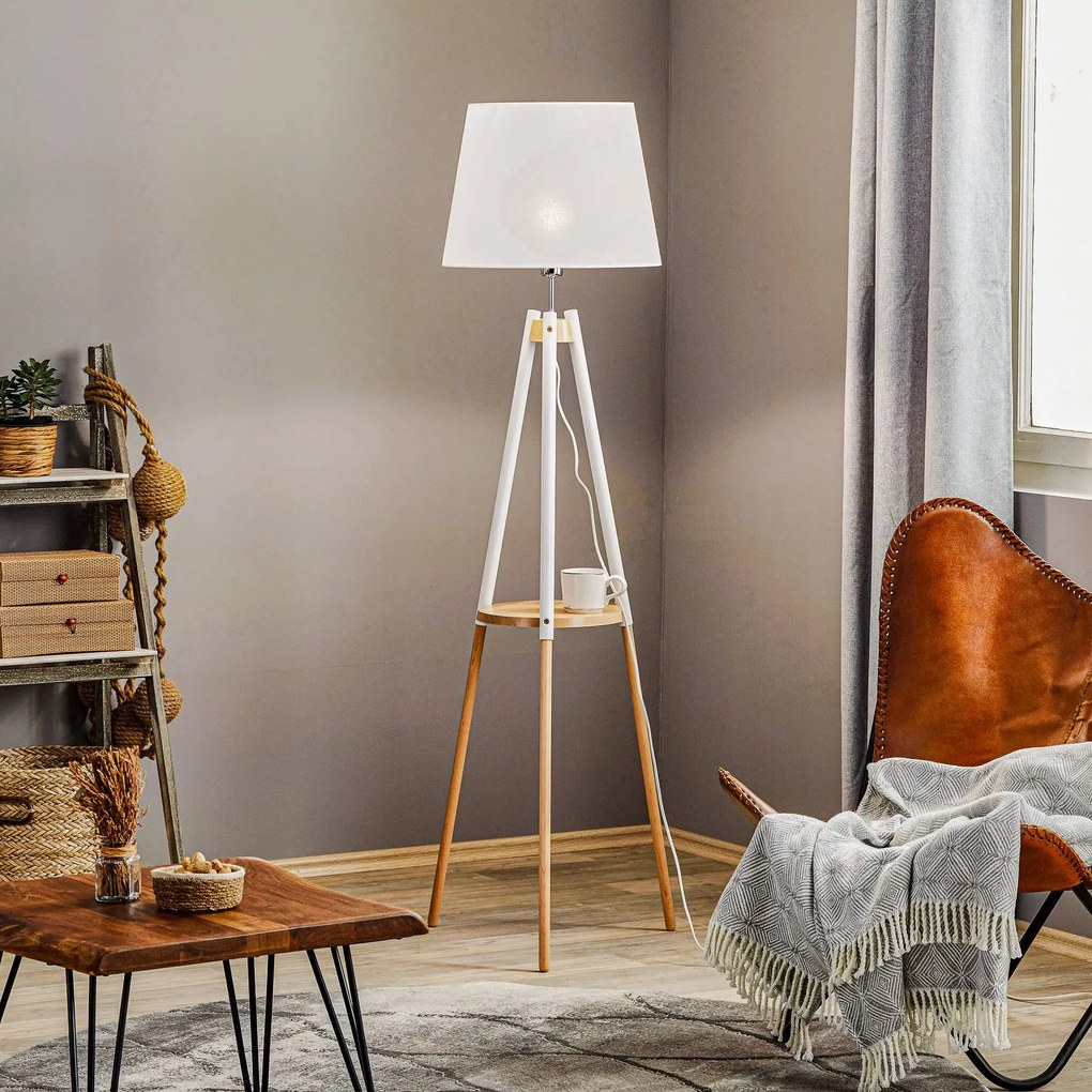 TK Lighting Lampada da terra Vaio Base in legno a tre gambe, paralume bianco