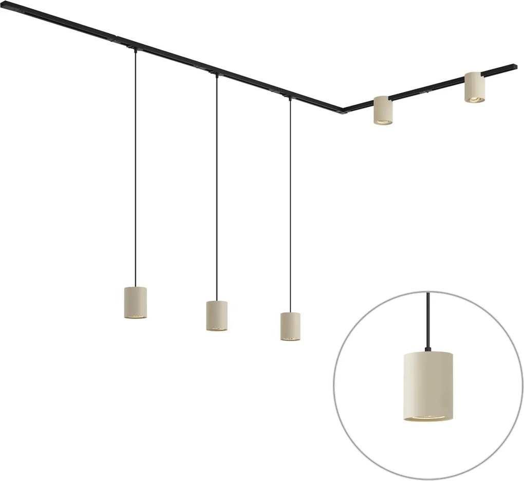 Sistema di illuminazione a binario moderno nero con 3 luci a sospensione e 2 faretti beige monofase - Iconic Holt Rondoo Up