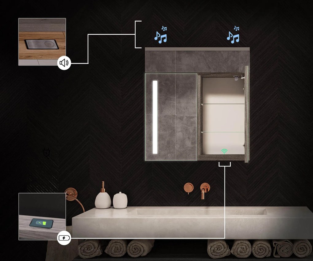 Mobile bagno con specchio LED illuminato - 66,5 x 72 cm con ripiani in vetro nel colore Rovere Oslo, in legno, di Artforma