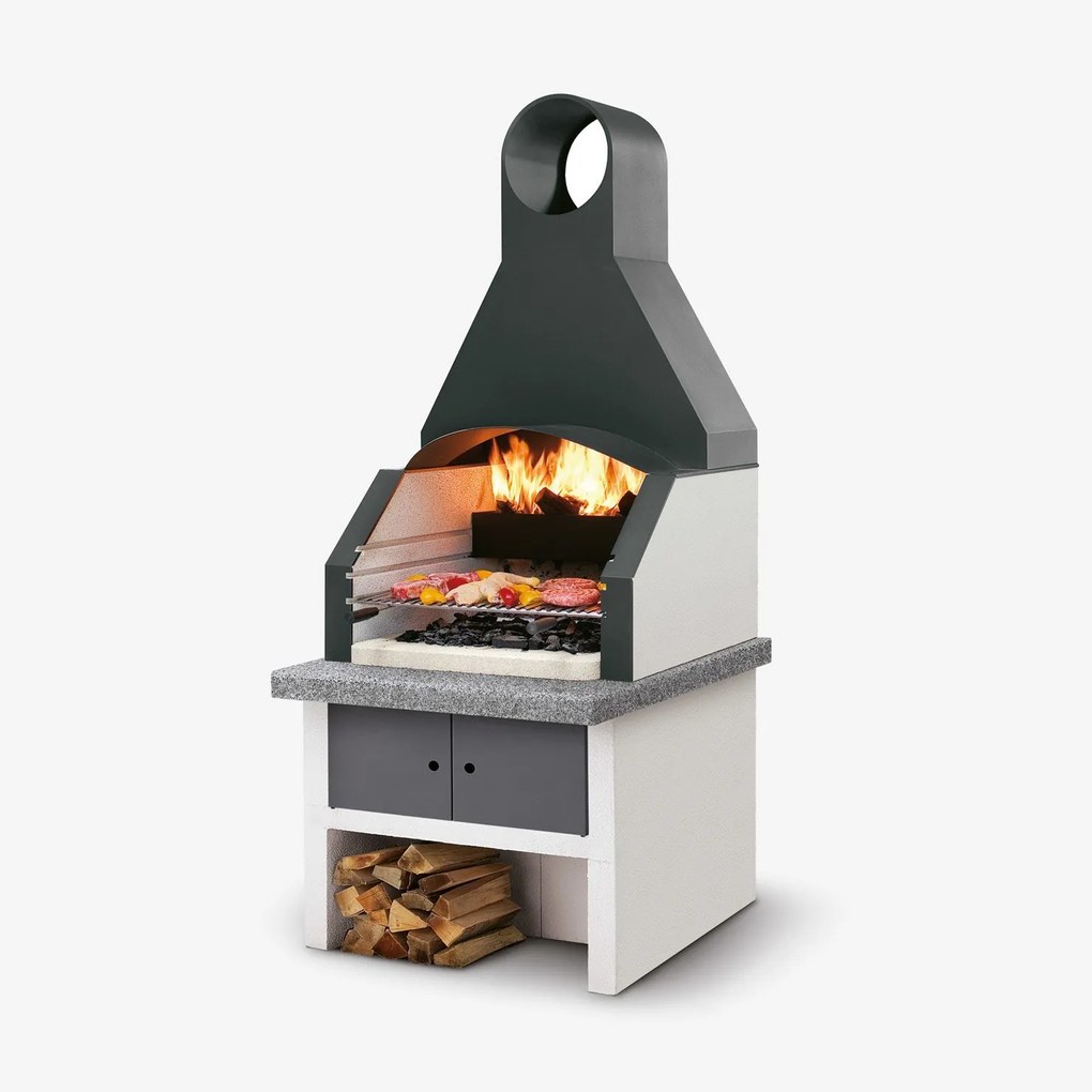 Palazzetti Maxime 2 barbecue con grill e cappa inox antracite cassetto cenere Piano in Marmotech effetto granito grigio