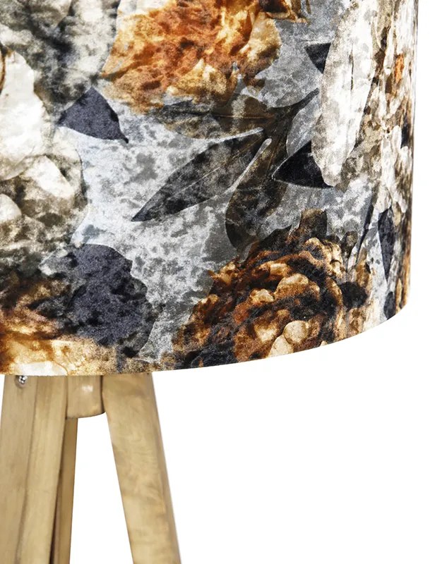 Lampada da terra vintage con paralume in legno con motivo floreale 50 cm - Tripod Classic