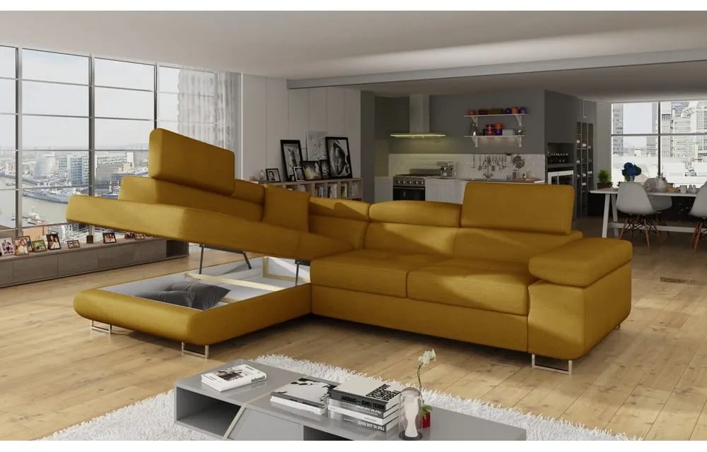Divano angolare giallo allungabile/con contenitore (con penisola a sinistra/a L) Anton – ELTAP
