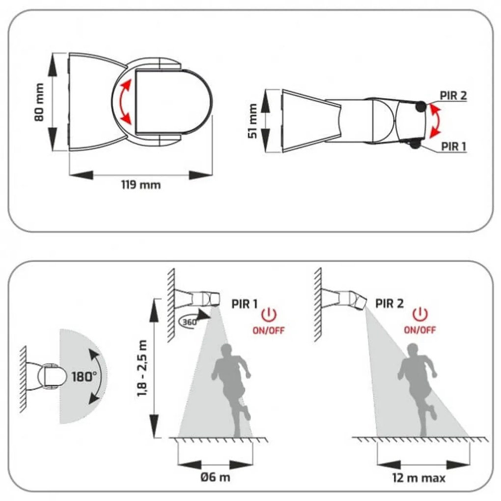 Sensore di movimento protezione IP65 Nero