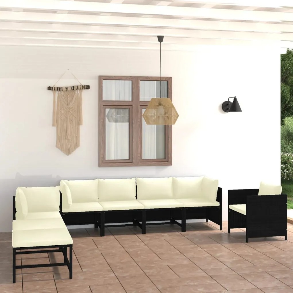 Set divani da giardino 8 pz con cuscini in polyrattan nero