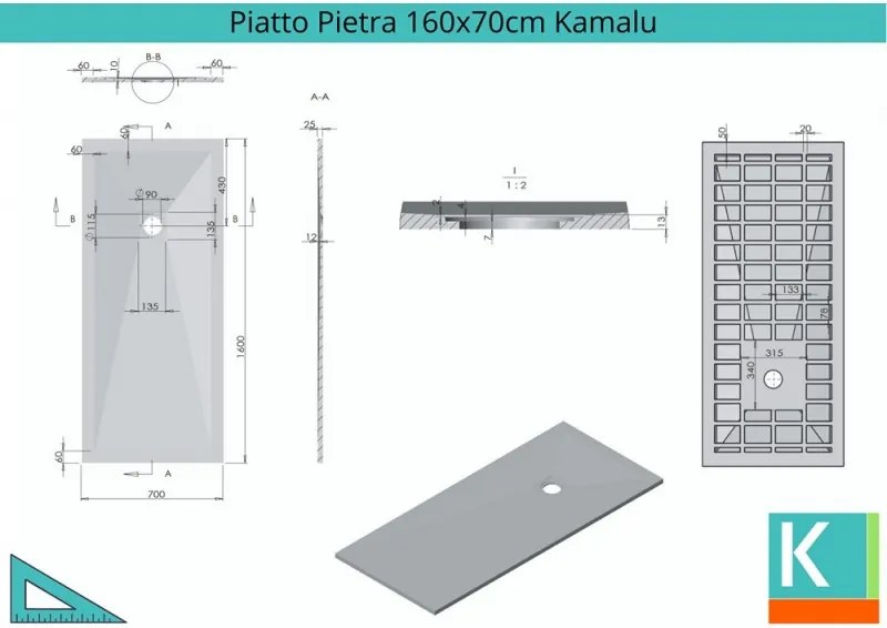 Kamalu - Piatto doccia 160x70 cm effetto pietra colore bianco