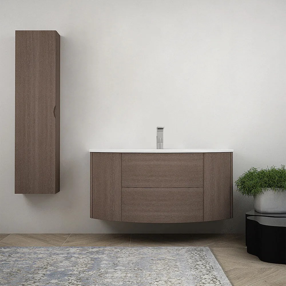 Mobile per bagno Nairobi 120 cm sospeso Rovere scuro con colonna da 140 cm