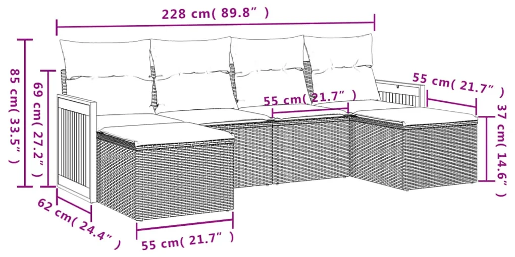 Set divano da giardino 6 pz con cuscini beige in polyrattan