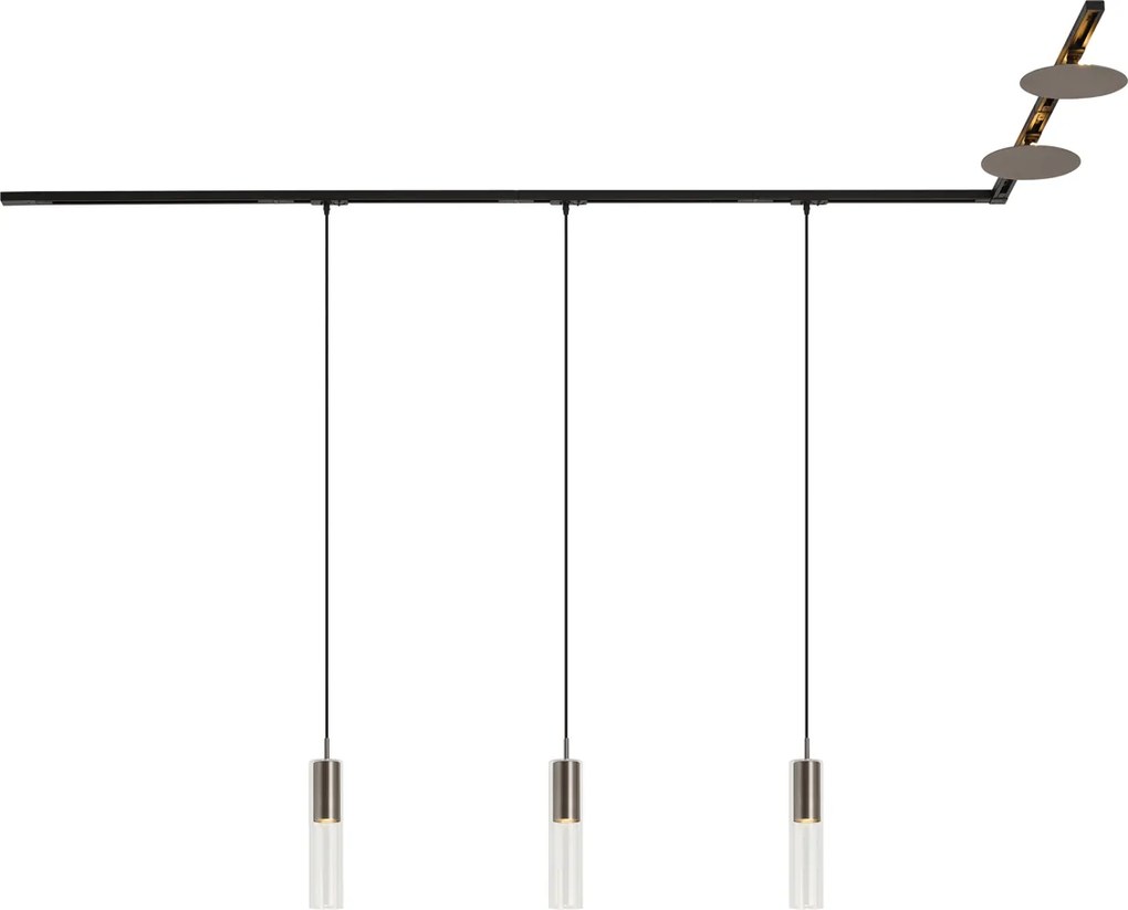 Sistema di illuminazione a binario moderno nero con 3 luci a sospensione e 2 plafoniere color canna di fucile monofase - Iconic Lloyd Pulley