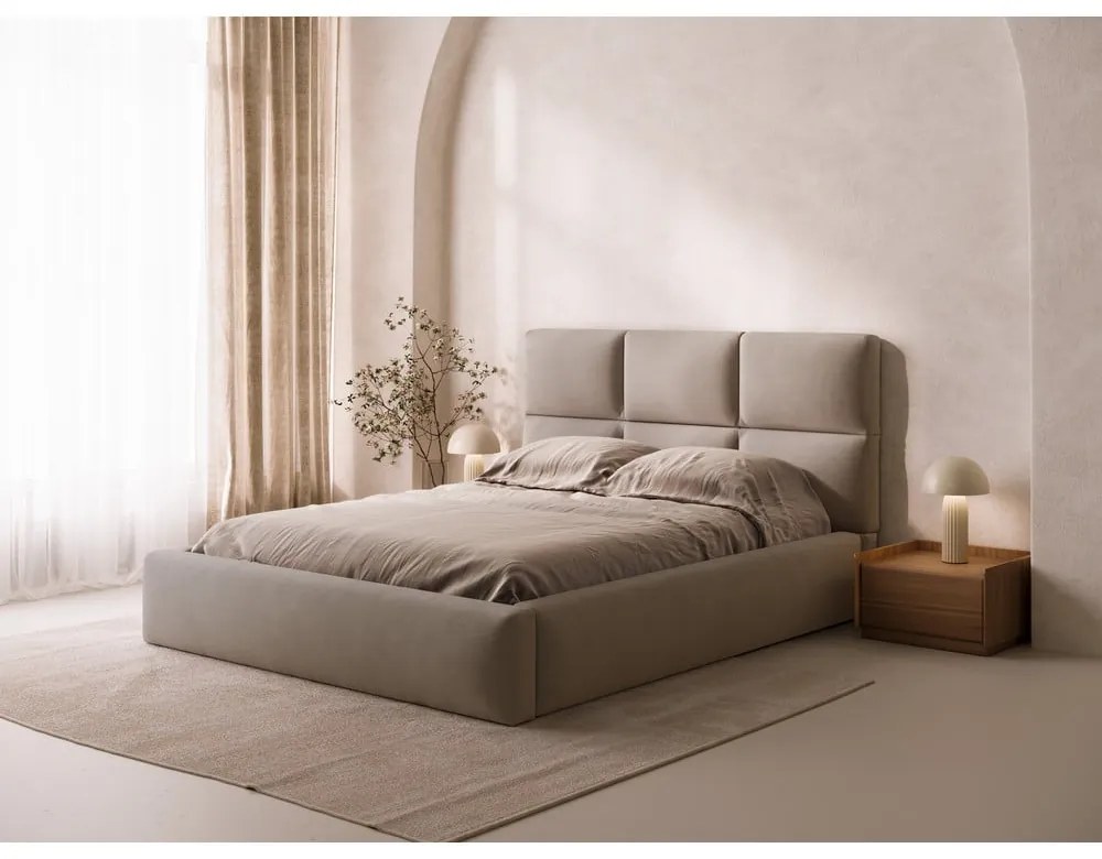Letto matrimoniale imbottito marrone chiaro con contenitore con rete inclusa 200x200 cm Libera – Windsor &amp; Co Sofas