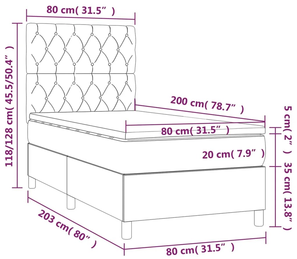 Letto a Molle Materasso e LED Grigio Chiaro 80x200 cm Velluto