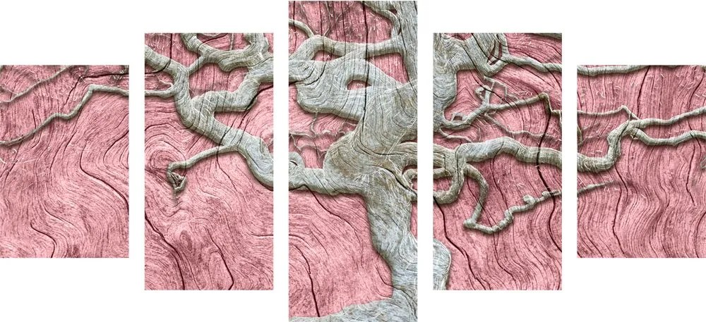 Quadri 5 pezzi – Albero astratto su legno con contrasto rosa