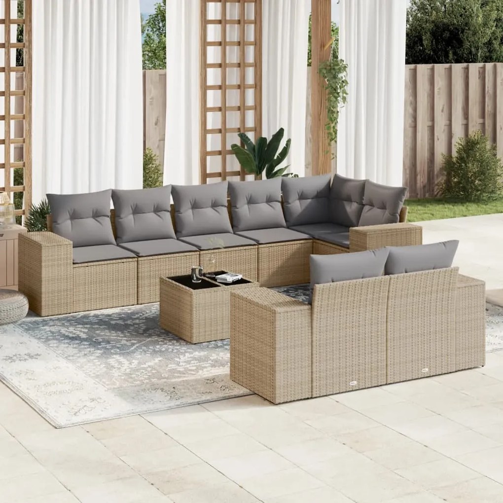 Set divano da giardino 9 pz con cuscini beige in polyrattan