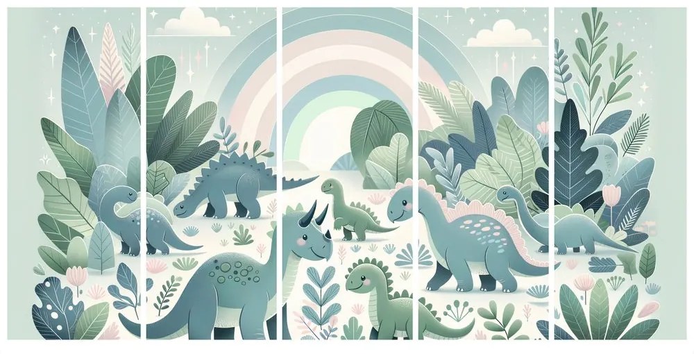 Quadri 5 pezzi – Mondo dei dinosauri con arcobaleno e giungla verde