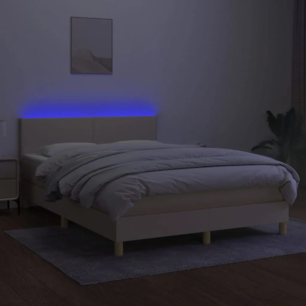 Letto a molle con materasso e led crema 140x200 cm in tessuto