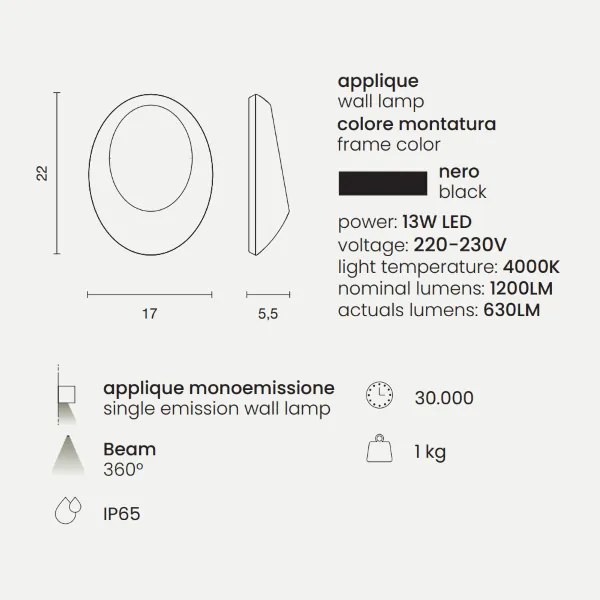 Applique 17x5 cm SHELL in alluminio Nero