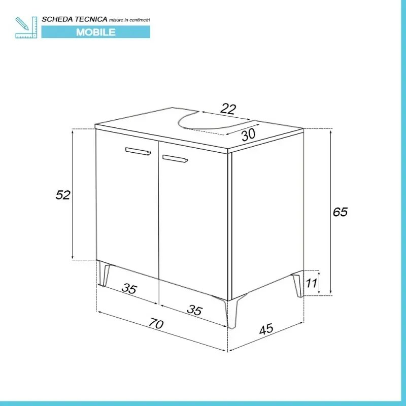 Mobile sotto lavabo universale 70 cm rovere dolomite con 2 ante Desya