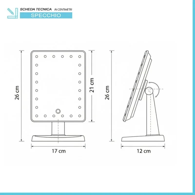 Specchio trucco con luci LED touchscreen e regolazione a 180° da appoggio nero